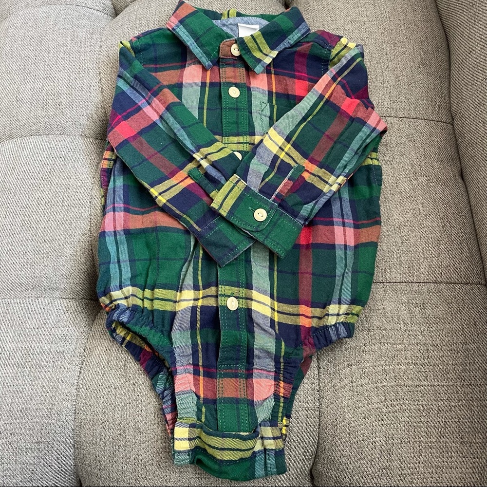 Baby Gap Plaid Dress Shirt Bodysuit 12-18 Months Green Yellow Red